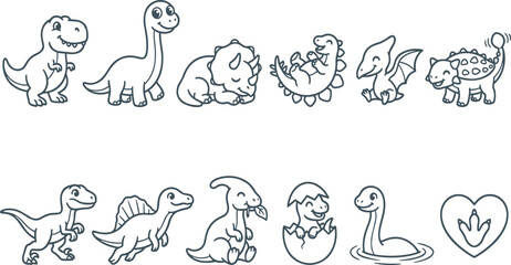 Cute Cartoon Dinosaur Line Art Icon Set with Baby Prehistoric Animals, Hatching Egg, Flying Reptile, Footprint, and Outline Collection © MstSuborna