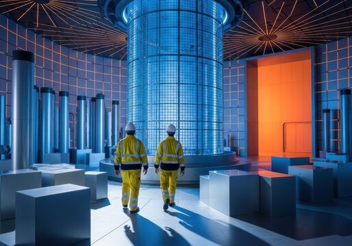 Engineers walking towards a glowing blue fusion reactor core