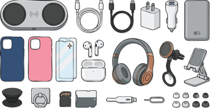Mobile phone accessories and electronic gadgets doodle icon set