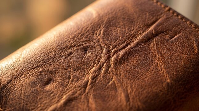 Close up of textured brown leather with natural grain and stitching details