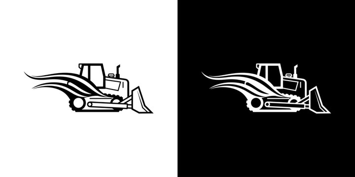 Bulldozer With Flame Graphics - Black and White Line Art
