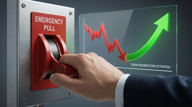 Emergency lever pulling red char with hand activating trend redirection showing upward green arrow symbolizing positive change and business growth concept
