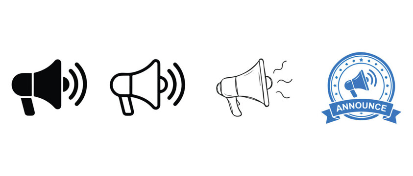 Megaphone icons in various styles for announcement and communication purposes  loudspeaker symbols used for broadcasting and public address systems