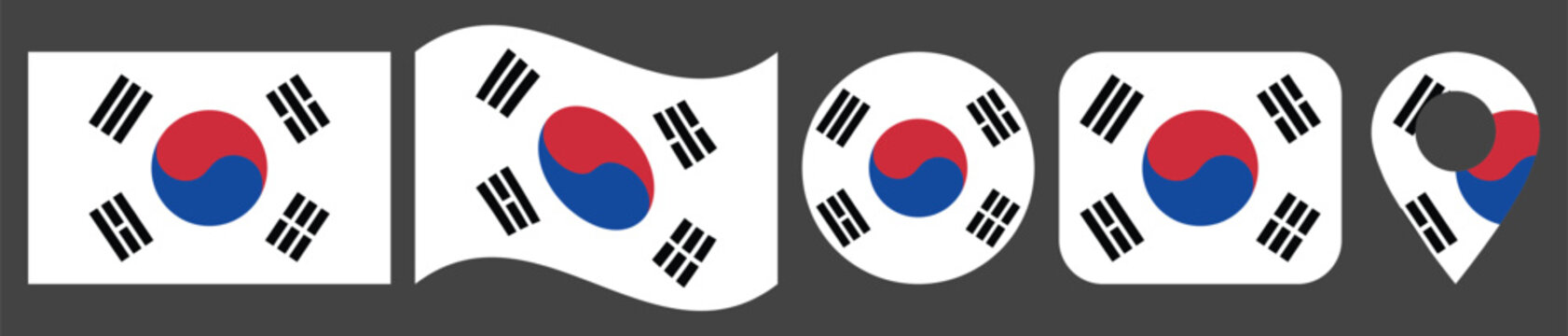 South Korea Flag Icon Set &ndash; Flat, Wavy, Circle, Rounded Square and Location Pin Vector Collection