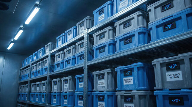 Cold storage containers stacked on metal shelves in temperature controlled room showing emergency rations and strategic food reserve labels for preparedness and safety