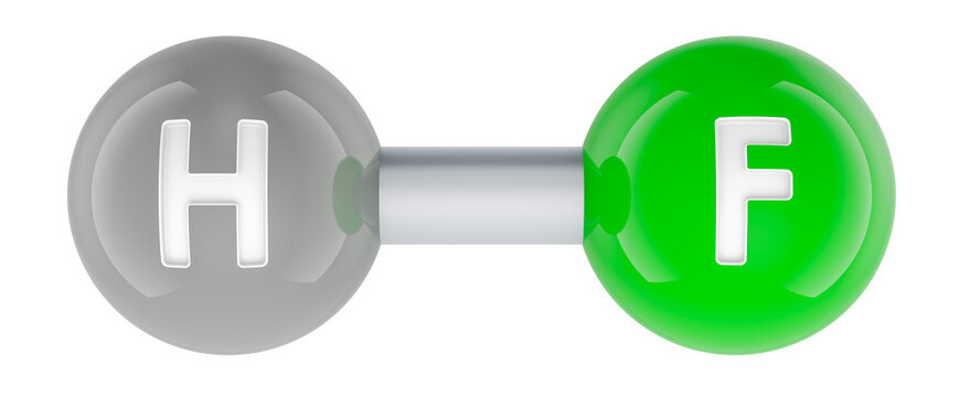 Hydrogen fluoride HF molecule model. 3D rendering