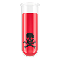 Obraz premium Toxic red liquid test tube with skull hazard symbol. 3D rendering