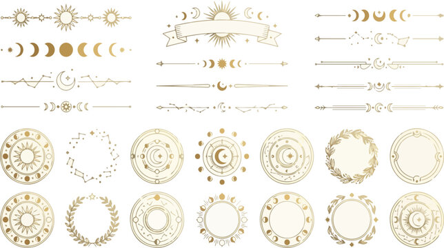 Celestial dividers. Decorative sun and moon border. Magic text decor divider and frame with astrology mystical stars, moon phase, shining sun. Fantasy vector elements See Less.eps