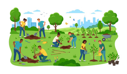 Fototapeta premium People Planting Trees in Urban Park Environmental Protection and Sustainability Vector Illustration Poster