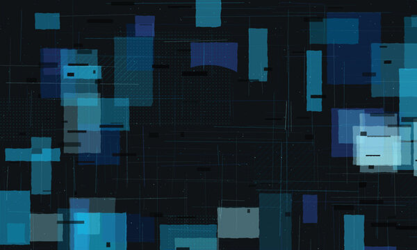 Abstract digital data blocks with glowing blue elements on a dark grid background