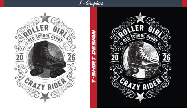 Roller girl old school derby with vintage flourish frame, roller skate crazy rider roller derby retro