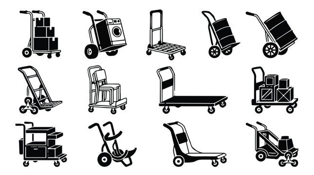 Various types of hand trucks and dollies for moving and lifting heavy objects