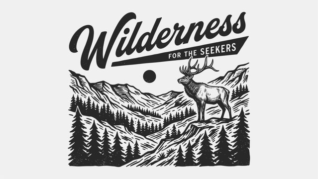 Vintage wilderness for the seekers elk deer mountain landscape illustration with hand-drawn etched style for t-shirt design print, outdoor apparel, and merchandise graphics