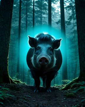 A cyan wild hog  genetic hybrid fantasy animal, fictional species in a portal lit forest