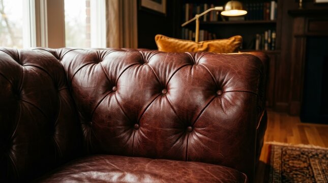 Close up of a rich brown tufted leather sofa in a cozy study room