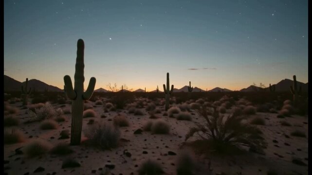 Desert Landscape Silhouette at Dusk with Saguaro Cacti and Stars