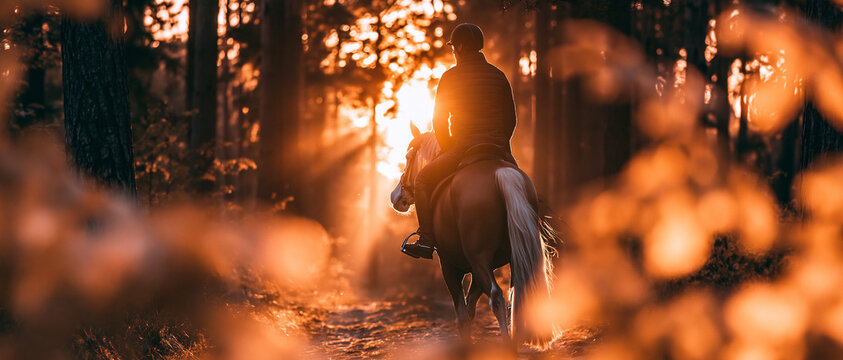 Silhouette of an equestrian riding a horse along a forest trail at sunset. Golden hour sunlight, sunbeams through trees, and blurred foreground foliage