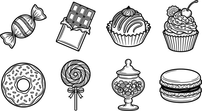 Hand drawn sweets doodle element set featuring candy wrapper chocolate bar truffle cupcake donut lollipop glass jar and macaron sketch vectors