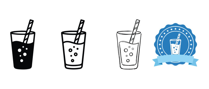 glasses with straws and bubbles in different colors and designs for drink and beverage concept