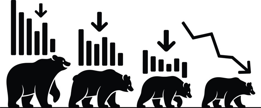 Bear market financial icon set with stock market crash declining trend bar charts arrow decreasing economic loss vector on white background