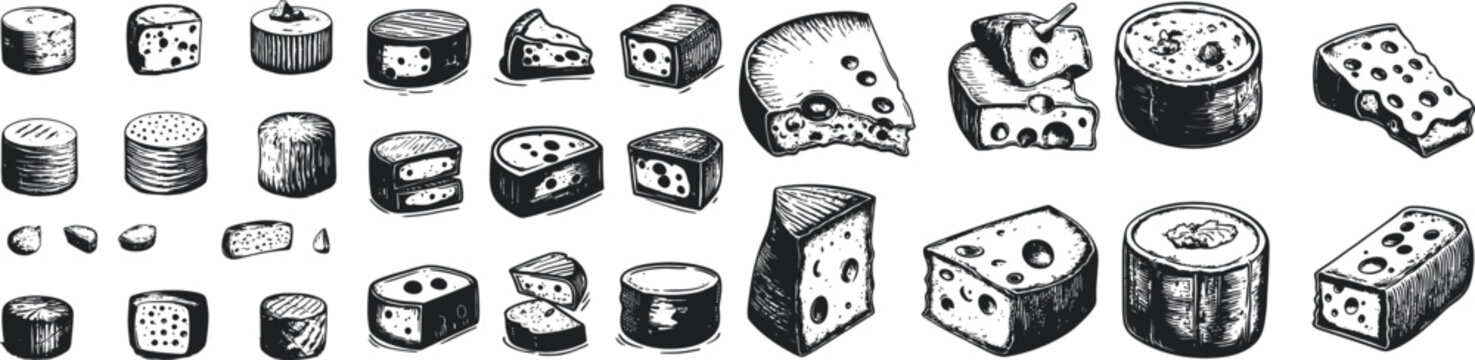 vintage cheese illustrations featuring various types of cheese