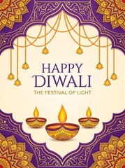 Happy diwali greeting card design with decorative diya lamps and floral mandala
