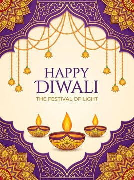 Happy diwali greeting card design with decorative diya lamps and floral mandala