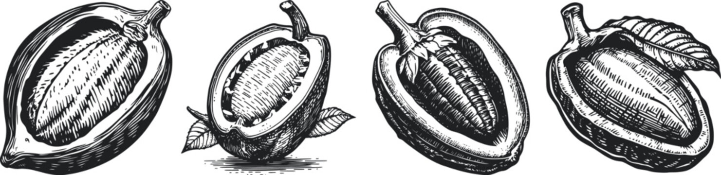 cacao pods in various stages, showcasing the outer pod, the split open pod revealing the beans,