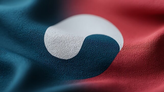 A close-up image of the South Korean flag, showcasing the Taegeuk symbol with textured fabric in red, blue, and white colors.