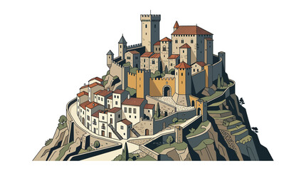 Medieval Castle Village on Hilltop, European Fortress, Historic Architecture Illustration © Austri