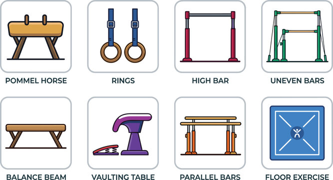 Artistic Gymnastics Equipment Vector Icon Set Featuring Pommel Horse Rings High Bar Uneven Bars Balance Beam and Parallel Bars