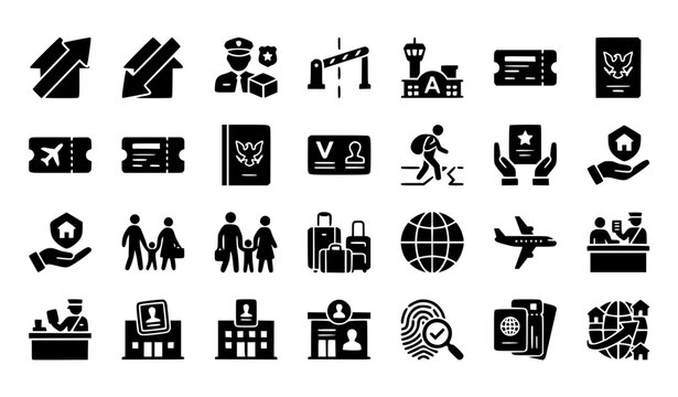 Glyph Migration Icon Set with Passport Visa Airport and Immigration Symbols