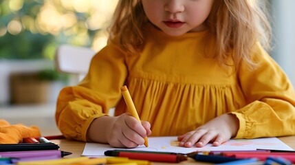 Obraz premium Young child focused on coloring with crayons at a wooden table under soft natural light with blurred background