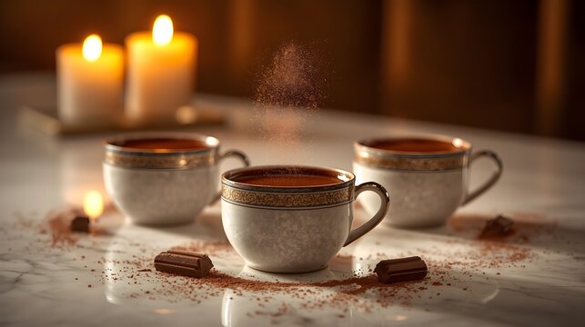 Hot chocolate cups on marble table with falling cocoa powder and burning candles