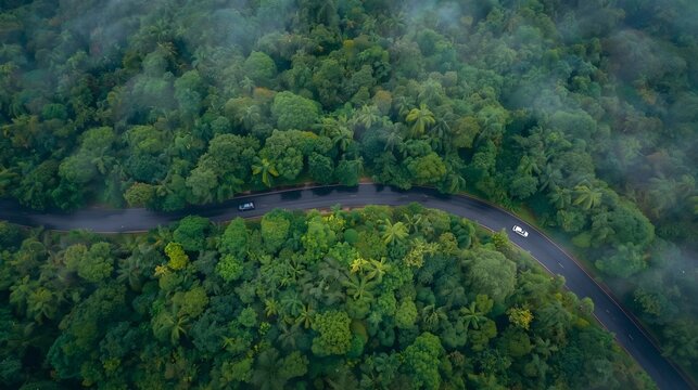 Aerial top down view of a winding road cutting through dense green tropical forest with light fog