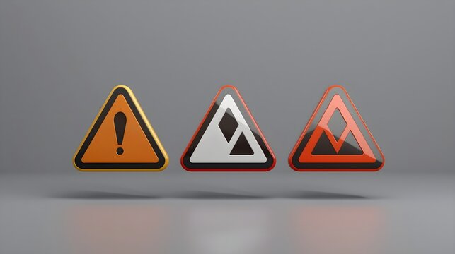 Set of 3D triangular warning signs with exclamation mark and abstract geometric hazard symbols