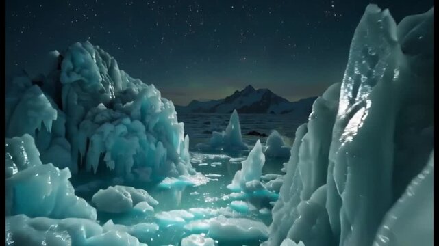 Arctic Glacier Landscape with Starry Night Sky and Freezing Ocean Waters