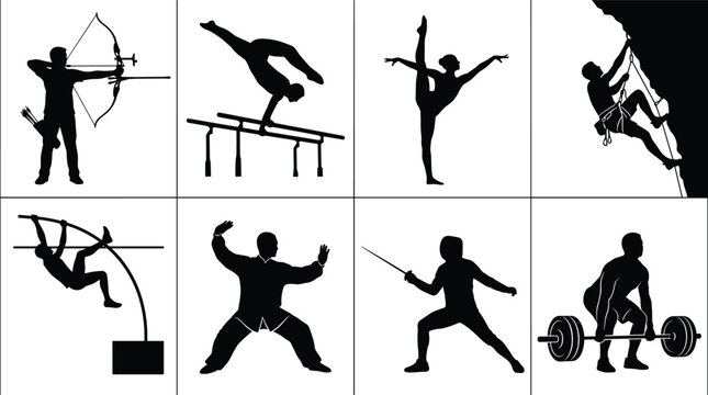 Collection of black athletic silhouettes representing various sports and fitness activities isolated on a white background