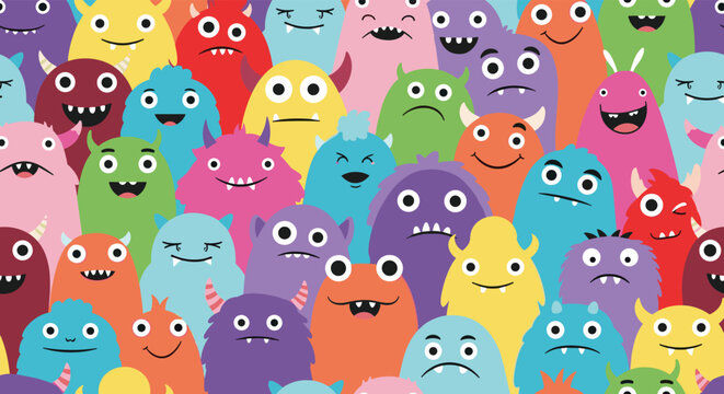 Seamless pattern features a dense crowd of colorful cartoon monsters with diverse shapes, sizes, and humorous facial expressions.