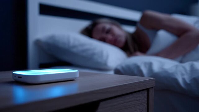 Smart sleep tracker on bedside table beside a sleeping woman, highlighting sleep monitoring, wellness technology, healthy lifestyle, nighttime routine, and digital healthcare.