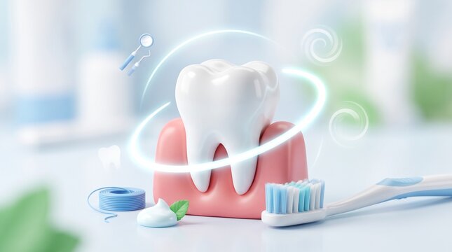 3d Bright White Teeth - Dental Care and Oral Hygiene Concept. Healthy Tooth for Dental, Dentistry, Orthodontics. 3D Render