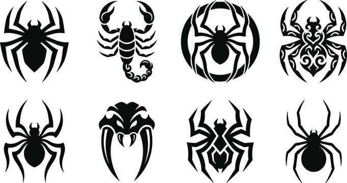 Collection of tribal spider and scorpion emblem silhouettes isolated on white background for tattoo and graphic design