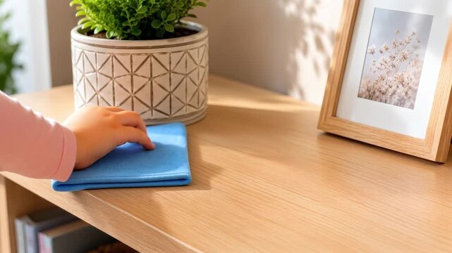 Hand cleaning wooden surface with blue cloth and decorative plant  