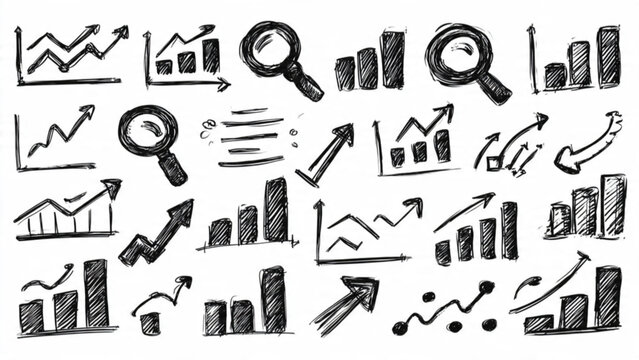 Collection of hand-drawn business and growth charts with arrows and graphs in black ink for finance and analysis concepts