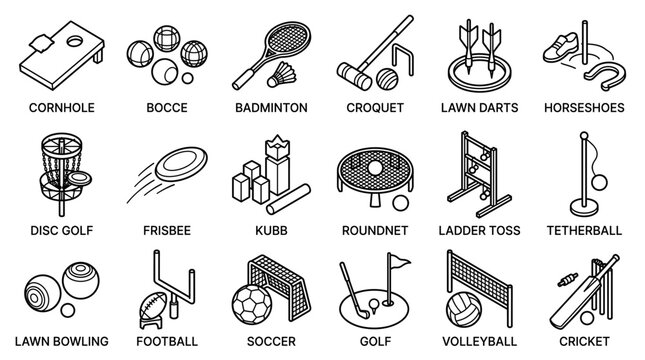 Set of Outdoor Lawn Games Isometric Line Icons