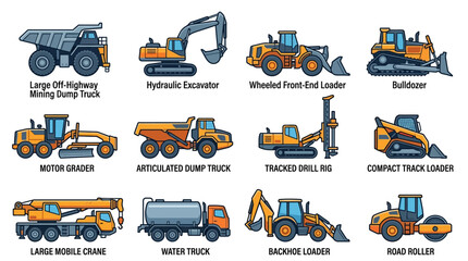Professional Illustrated Guide to Heavy Construction Equipment with Bright Orange and Blue Color Schemes © manggleng