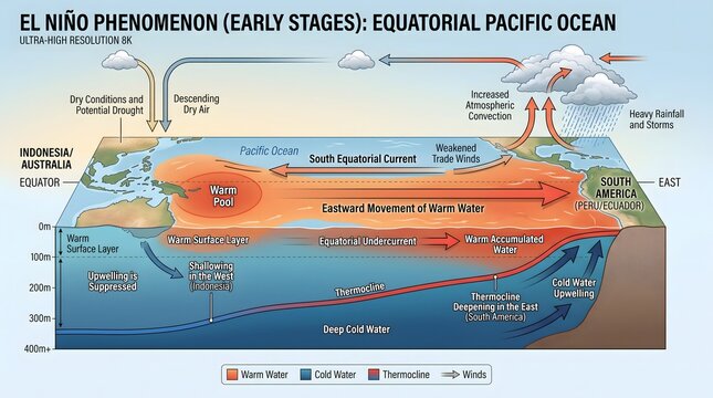 Scientific Cross Section of Pacific Ocean Showing Early El Ni&ntilde;o Ocean Current Changes