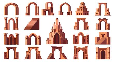 Fototapeta premium Collection of ancient architectural structures and gates in pixel art style featuring arches, towers, and medieval castle designs.