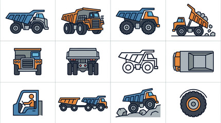 Industrial Construction Equipment Icons Set with Dump Trucks Excavators and Heavy Machinery in Blue Orange and Gray © manggleng