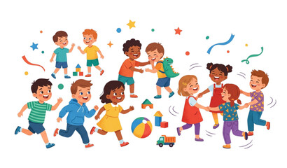 Fototapeta premium Energetic Kindergarten Children Group Playing Laughing and Dancing Flat Vector Cartoon Illustration Set